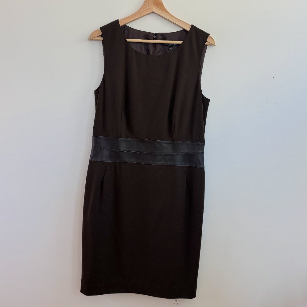 Lafayette 148 New York Dark Brown Wool Sleeveless Sheath Dress w/ Leather Accent
